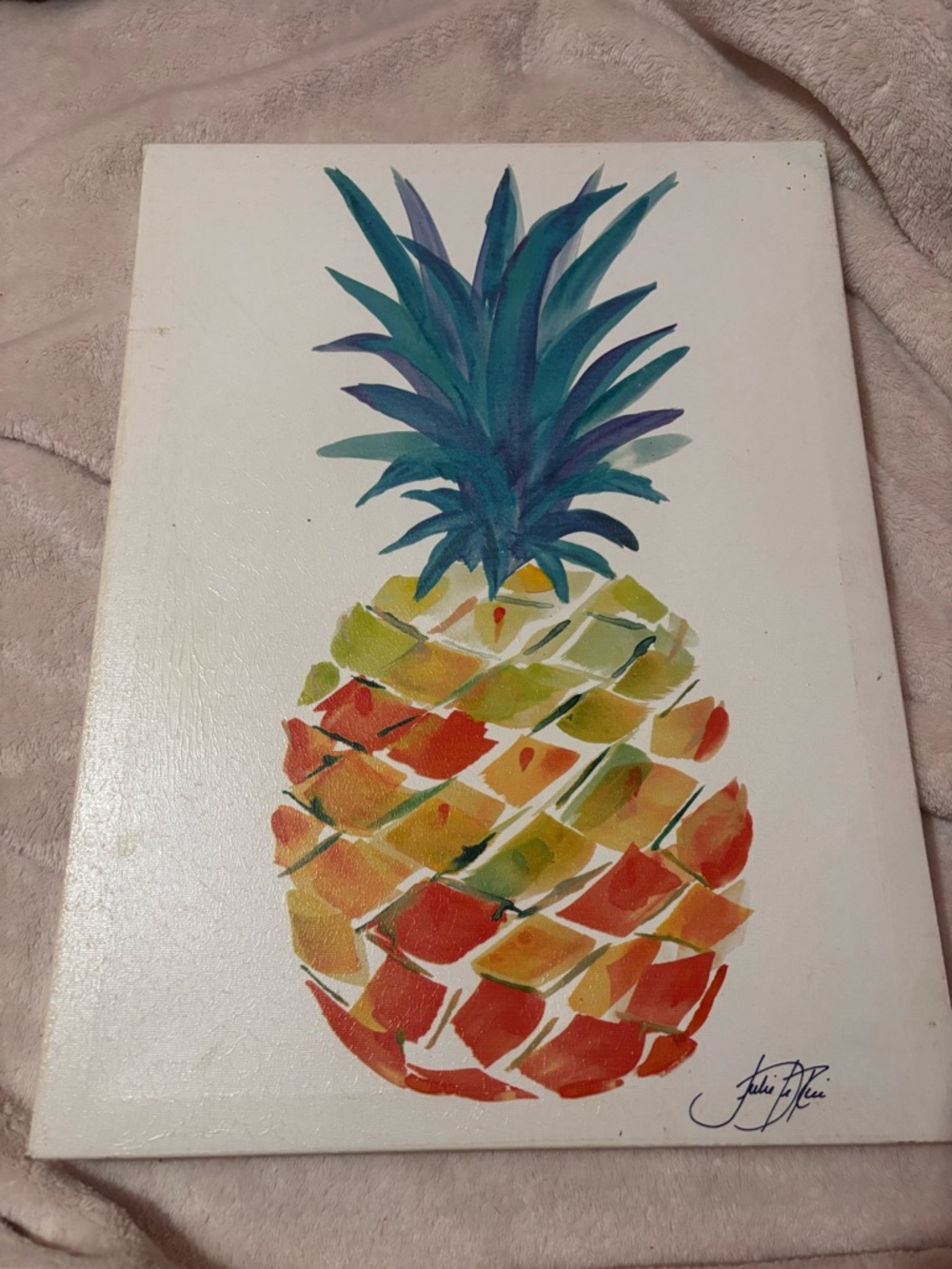 Hand-Painted Pineapple Canvas Art in Blue-Green and Orange